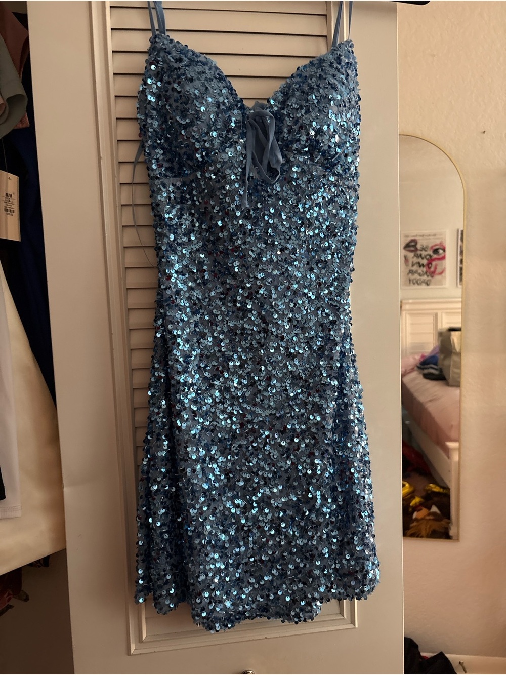 Sequin Spaghetti-Strap Prom Dress in Slate Blue